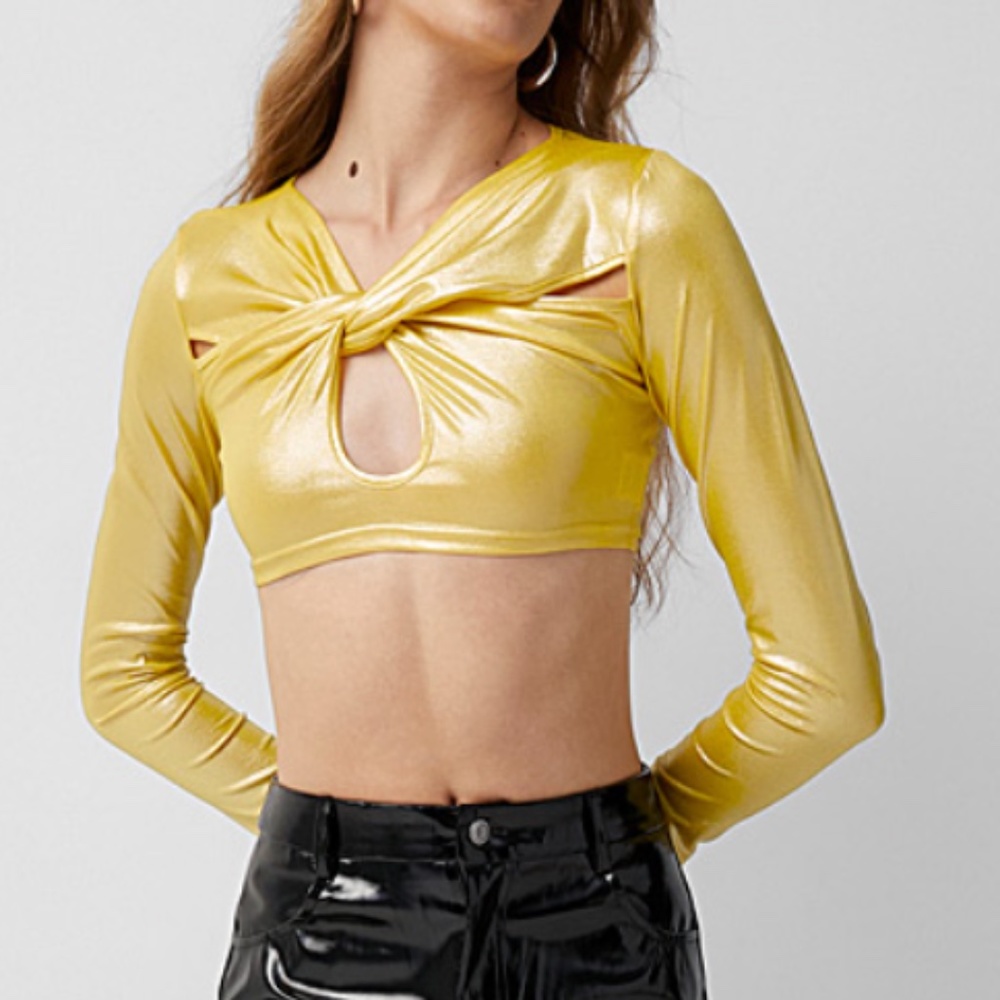 Amylynn metallic golden yellow shimmering twist-front long sleeve blouse NWT